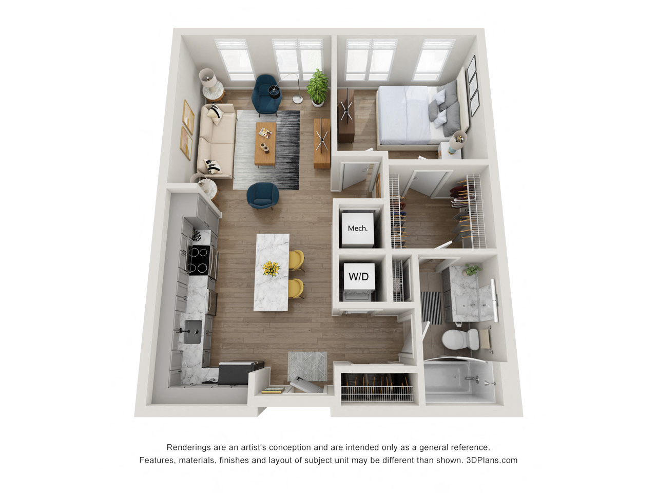 Floor plan for 1 bed, 1 bath, 628 sqft